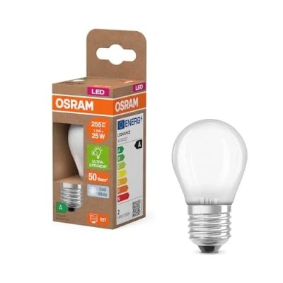 Afbeelding van Osram LED lamp in classic miniball shape, with decorative filament frosted design, energy efficiency class A, E27, 1.2 W, 255 lm, 4000 K, cool white. 100% light straight away.