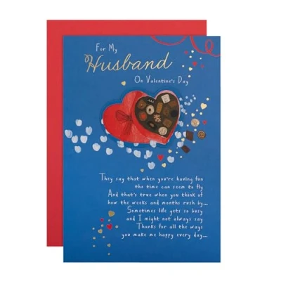 Afbeelding van Hallmark Echtgenoot Valentijnskaart, Valentijnskaart voor echtgenoot, hartvormige doos met chocolade ontwerp, Valentijnsdag, envelop, blauw