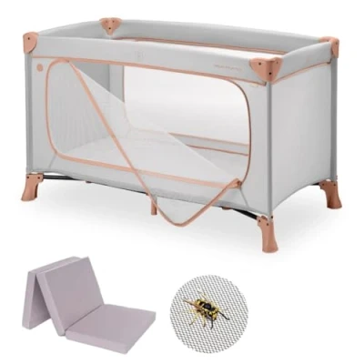 Afbeelding van Hauck Dream n Play Plus Babyreisbed, met matras en muggennet, opvouwbaar reisbed voor kinderen, tas grote ingang, Dusty Cork