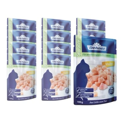 Afbeelding van Dehner Premium kattenvoer voor volwassenen, Sensitive, in zak, 12 x 100 g (1,2 kg), kip