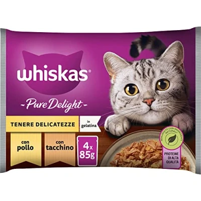 Afbeelding van Whiskas Pure Delight Tenere Delicatezze 1+ jaar, natvoer voor katten, 13 verpakkingen met elk 4 zakjes van 85 g (52 zakken in totaal)