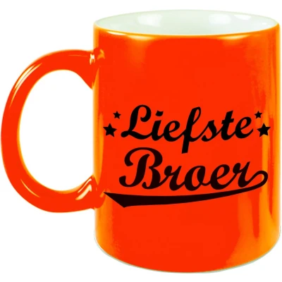 Afbeelding van Liefste broer cadeau mok / beker neon oranje 330 ml verjaardag bedankt feest mokken