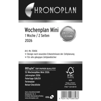 Afbeelding van Chronoplan 50616 kalendervulling 2026, weekplanner, mini (79 x 125 mm), reserve kalender voor afsprakenplanner, ideaal gedetailleerde weekplanning, 1 week op 2 pagina&#039;s in regels, met universele