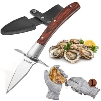 Afbeelding van Oestermes,oestermes en handschoen,oesterset met premium houten handvat,roestvrijstalen oesteropener handschoenen beschermingsniveau 5 (L) oestermes