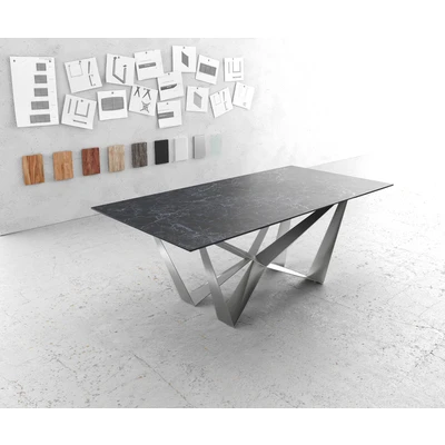 Afbeelding van Eettafel Edge Laminam® keramiek grijs 200x100cm middenvoet vlak staal zilver