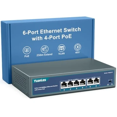 Afbeelding van YuanLey 6 poorts PoE schakelaar met 4 poorten +, 2 UpLink, 100 Mbps, 78W 802.3af/at, onbeheerde metalen plug en play