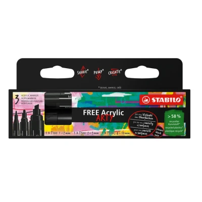 Afbeelding van Acryl Marker STABILO FREE Mixed Tip Set Zwart 3 Verschillende Sizes