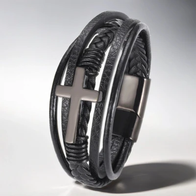 Afbeelding van Heren Armband Leer Zwart met Kruis 21cm Armbanden Cadeau voor Man Mannen Cadeautjes