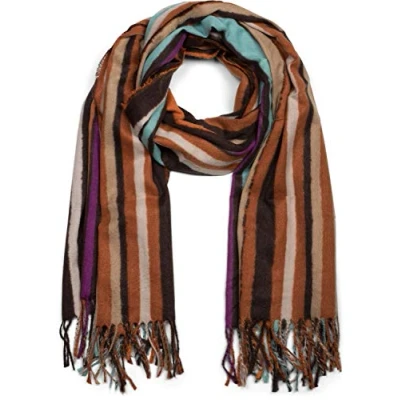 Afbeelding van styleBREAKER uniseks sjaal met kleurrijk streeppatroon en lange franjes, Colour Blocking, Winter, Stole 01017113, Farbe2:Oranje turkoois Bruin