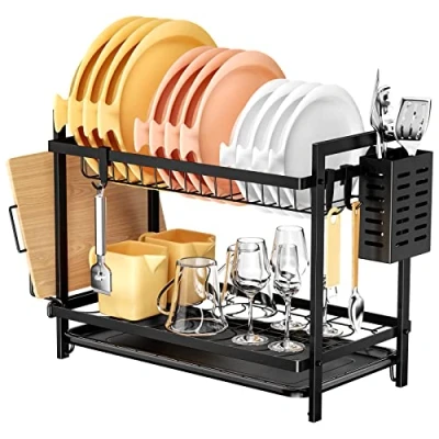 Afbeelding van Fousenuk afdruiprek voor servies, 2 niveaus, afdruiprek, zwart, klein, met afneembare haak, dish drying rack lekbak