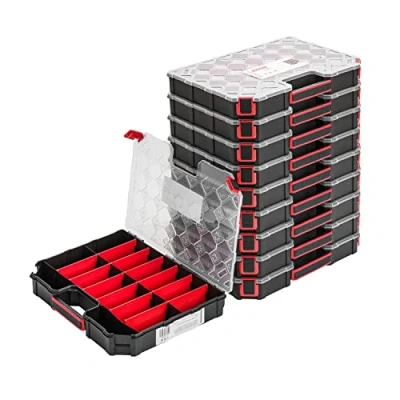 Afbeelding van 10 x gemoduleerde assortimentsdoos voor kleine onderdelen, 284 390 60 mm, sorteerdoos met transparant deksel, sorteerkoffer, gereedschapskoffer, assortimentskoffer, box uitneembare vakken