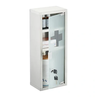 Afbeelding van medicijnkastje met slot 45 x 18 12 cm 3 vakken melkglas rvs