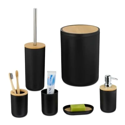 Afbeelding van Relaxdays badkamer set 6 delig accessoires zeeppomp toiletborstel met houder prullenbak