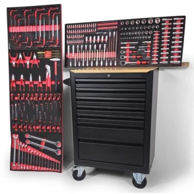 Afbeelding van DeTec. Werkplaatswagen Designer Edition gereedschapswagen gevuld met gereedschap gereedschapskast oprolbaar gereedschapskist houten plaat schuim gereedschaphouders in rood