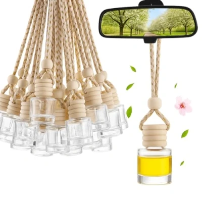 Afbeelding van 30 stuks auto parfumglazen flessen, leeg, 8 ml, luchtverfrisser, aanhanger, aromatherapie, etherische oliediffuser, navulbaar, geurflessen om zelf te vullen, met houten afdekking, voor auto,