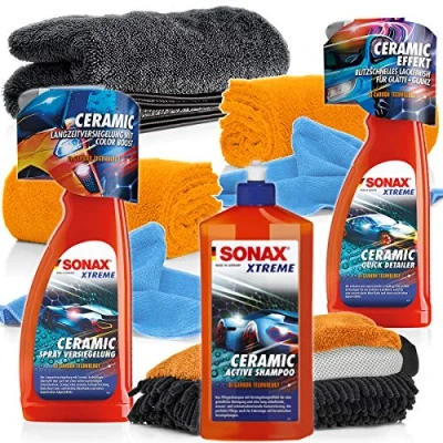 Afbeelding van detailmate Sonax Xtreme Ceramic Set: Sonax: sprayverzegeling 750 ml + QuickDetailer ActiveShampoo 500 3 in 1 washandje droogdoek 4 microvezeldoeken