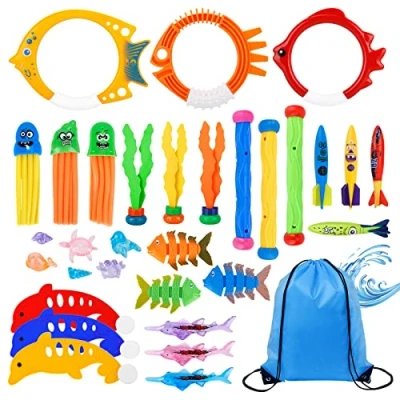 Afbeelding van DICLLY Premium duikspeelgoedset, 38 delig zwembadspeelgoed voor kinderen van 5 12 jaar, onderwaterduikringen, torpedo&#039;s, edelstenen, haaien, algen, visgraaten, visspeelgoed, kwallen en opbergtas