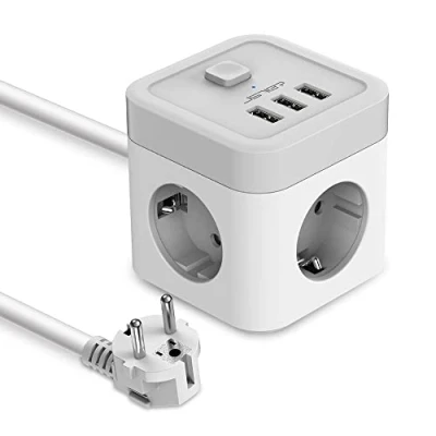 Afbeelding van JSVER Stekkerdoos Cube USB, Meervoudige contactdoos 3 Stekkers en USB (15,5 W) met Schakelaar voor kantoor, thuis of onderweg 1,5 m kabel Zwart (Grijze wit)
