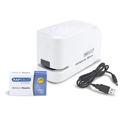 Afbeelding van Rapesco 1453 626EL Automatische USB/Batterij Nietmachine met 1000 26/6 mm Nietjes, 15 Nietcapaciteit, Wit