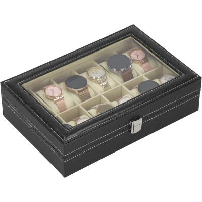 Afbeelding van Springos Horlogedoos Horlogebox Horlogeopberger Suède Zwart Grijs 12 Horloges 30 x 20 8 cm
