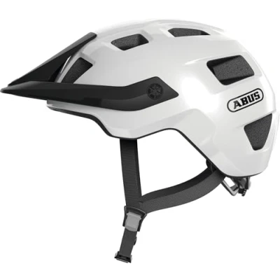 Afbeelding van ABUS MoTrip MTB helm robuuste fietshelm met in hoogte verstelbaar vizier voor mountainbikers individuele pasvorm dames en heren wit glanzend, S