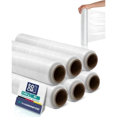 Afbeelding van Inoverse 6 rollen stretchfolie, transparant, wikkelfolie, 50 cm/2 kg, folie voor meubels en verhuizingen, palletfolie, handstretchfolie, verpakkingsfolie op rol, stretchfolierol, verpakkingsmateriaal