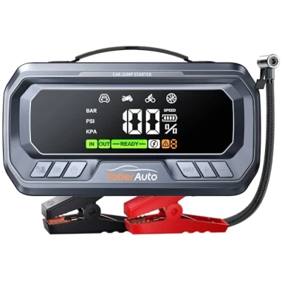 Afbeelding van YaberAuto Starthulp powerbank met 160 psi compressor, 6000 A starter powerbank, PD 65 W ingang/uitgang voor auto&#039;s 3,3 inch lcd scherm, 600 lumen noodverlichting, gedwongen startfunctie