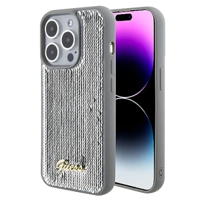 Afbeelding van CG Mobile Guess Sequin Script Case met Metal Logo voor iPhone 15 Promax Zilver