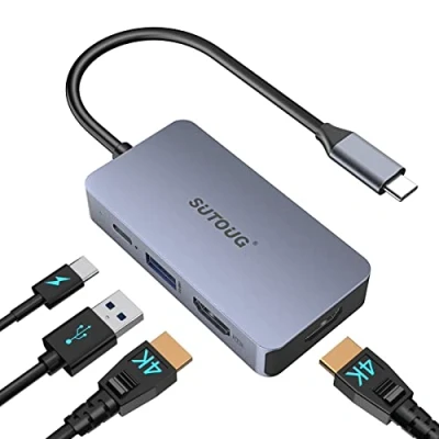 Afbeelding van USB C hub, SUTOUG docking station, 4 in 1 adapter met twee 4K HDMI poorten, 100 W power delivery poort, USBA 3.0 5 Gbps datapoort