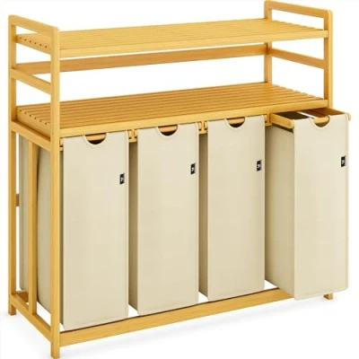 Afbeelding van AdelDream Wasmand, wassorteerder met planken, wasverzamelaar, 4 vakken, 2 wasbox, bamboe, waszak, uittrekbaar en afneembaar, 200 l, beige