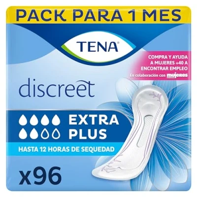 Afbeelding van TENA Discreet Extra Plus, 96 incontinentiepads (16 x 6 verpakkingen) individueel verpakte vrouwen met gemiddelde tot zware blaaszwakte, incontinentie en onvoorspelbare lekken