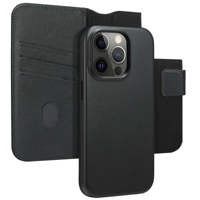 Afbeelding van Apple iPhone 14 Pro MagSafe Hoesje Echt leder Accezz Bookcase/2 in 1 Case Zwart Telefoonhoesje