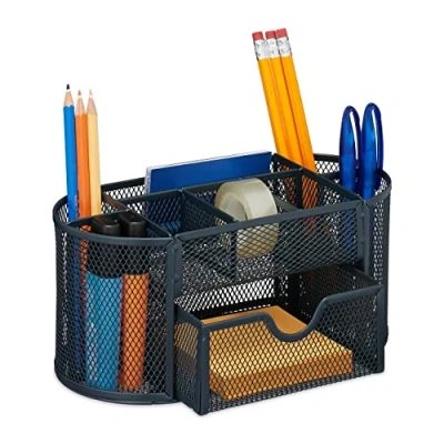 Afbeelding van Relaxdays pennenbak 9 vakken bureau organizer metaal mesh design antraciet