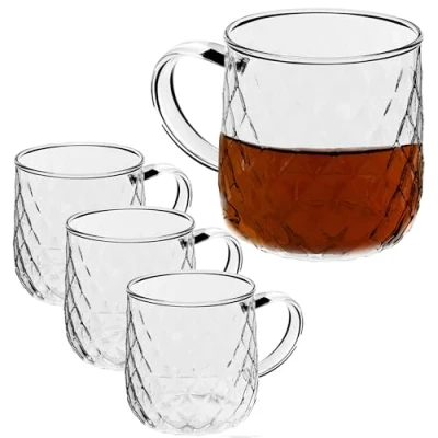 Afbeelding van KADAX Theeglazen 350 ml, 4 stuks, glazen met handvat, vaatwasmachinebestendig, drinkglazen voor koffie, thee, water, sap, drank, tuin, sapglazen, waterglazen, glazenset, kopjes