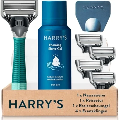 Afbeelding van Harry&#039;s Scheerapparaat voor mannen, scheerset met groene handgreep, 4 reserves, reis mes cover, 60 ml scheergel, scheermesjes, scheermesjes heren,