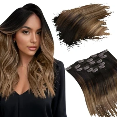 Afbeelding van Ugeat Clip in Hair Extensions Human 120G 7Pcs 50cm Donkerbruin tot Middelbruin en Glodenbruin #2/6/12