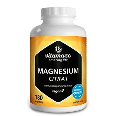 Afbeelding van Magnesium Citraat 2250mg, Capsules met 360mg Pure Elementaire Magnesium, Veganistisch, Hoge Dosering, 180 voor 2 Maanden, Supplement zonder Additieven, Made in Germany