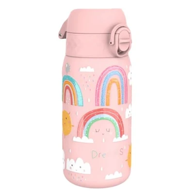 Afbeelding van ION8 Roestvrijstalen Kinderwaterfles, 400 ml/13 oz, Lekvrij, Makkelijk te Openen, Veilige Vergrendeling, Vaatwasserbestendig, Flipdop, Draaggreep, Duurzaam, Metalen Drinkfles, Design Regenbogen