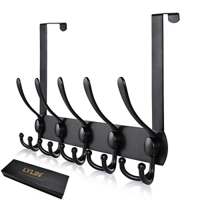 Afbeelding van Over de Deurhaak Hanger, LYLIN Roestvrijstalen Hangers Voor Deur met 15 Haken, Opbergrek Zwaar Gebruik Wandhanger Jas, Kleding, Handdoek, Tas (Zwart, Deuren Dikte 4,5 cm)