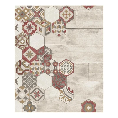 Afbeelding van Leen Bakker Dutch Wallcoverings Reflets Hout/mozaÃ ̄ek Beige/rood 0,53x10,05m Behang Vlies