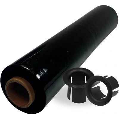 Afbeelding van Wikkelfolie bundel met dispenser 50cm x 300 meter stretchfolie Zwart 1 rol rekfolie 2 kunststof doppen voor handwikkelfolie DULA