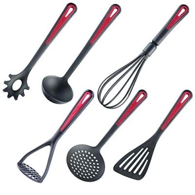 Afbeelding van Westmark Set van 6 keukenhulpjes, bakspatel, schuimspaan, spaghettilepel, soeplepel, aardappelstamper, garde, kunststof, Gallant, zwart/rood, 290022E6