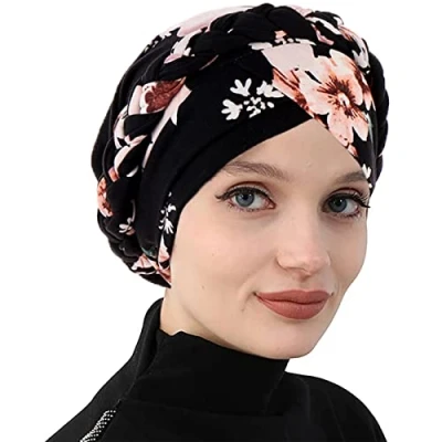 Afbeelding van Vrouwen Tulband Hoed Haar Sjaal Moslim Hoofddoek voor Haaruitval Kanker Chemo Muts Zwarte Bloem