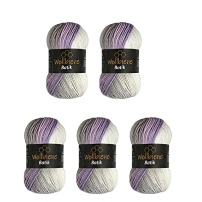 Afbeelding van 5 x 100 g wolbijen Batik 500 gram wol met kleurverloop meerkleurige breiwol haakwol (5990 roze grijs wit)