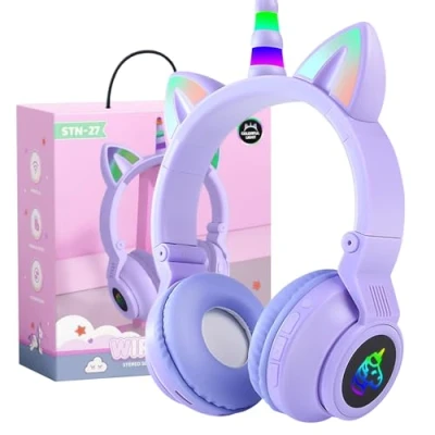 Afbeelding van OHAANYY Draadloze hoofdtelefoon voor kinderen, bluetooth eenhoorn, opvouwbaar, meisjes met kabel en microfoon, ledlicht, stereo mobiele