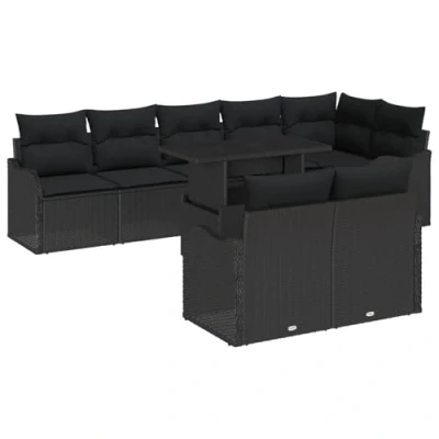 Afbeelding van vidaXL 9 delige Tuin Sofa Set met Kussens Zwart Poly Rattan, 2 zitter Rattan