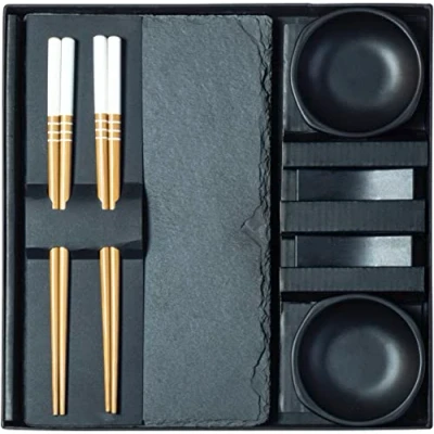 Afbeelding van JADE TEMPLE Sushi set voor twee personen leisteen bord, kom, bankje, eetstokjes