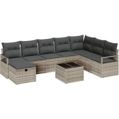 Afbeelding van vidaXL 9 delige Tuin Sofa Set met Kussens Lichtgrijs Poly Rattan, 2 zits Opslag &amp; Grijs Rattan