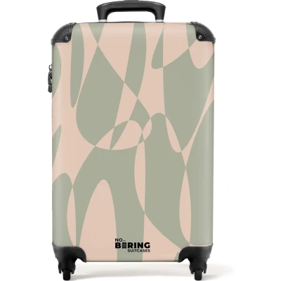Afbeelding van NoBoringSuitcases.com® Handbagage koffer lichtgewicht Reiskoffer trolley Beige met groene abstracte vormen Rolkoffer wieltjes Past binnen 55x40x20 en 55x35x25
