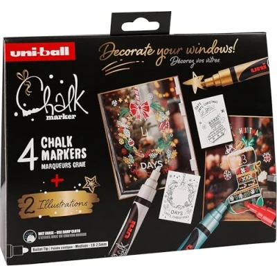 Afbeelding van UNI Ball 186831 Krijtmarkerset Xmas trad, 4 markers met 2 stencils, CHALK MARKER, krijtmarkers voor ramen